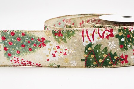 Nastro con filo marrone chiaro glitterato con alberi di Natale_KW0443GC-13-183